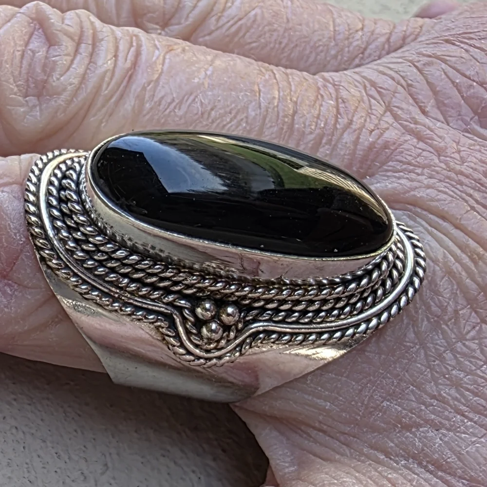 Long Black Onyx Boho Ring in 925 Sterling Silver (snug 9)